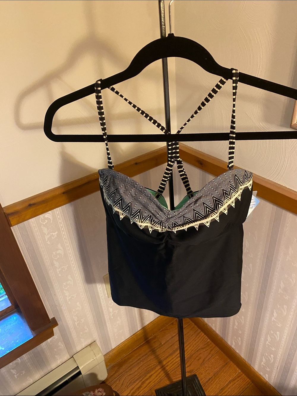 Athleta Black Tankini with Black-and-White Geo Trim, Gardenia Grove
